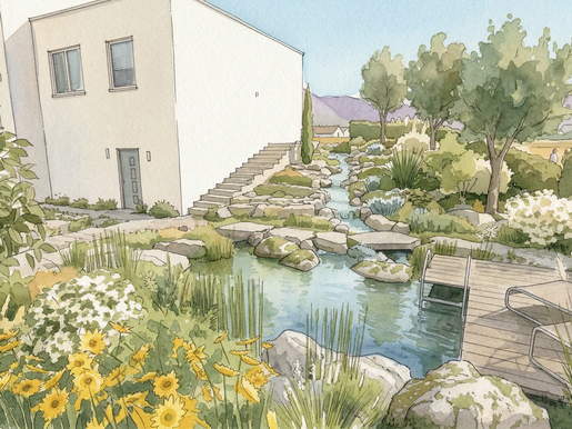 Gartenplanung mit Bachlauf im Aquarellstil aus LANDSKETCH AI
