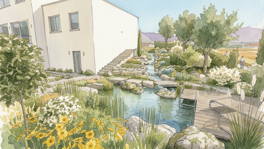 Gartenvisualisierung im Aquarellstil mit LANDSKETCH AI