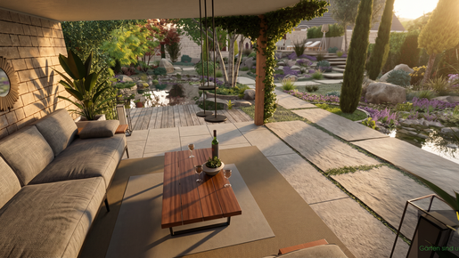 Fotorealistische Darstellung einer Gartenplanung mit LANDSKETCH AI